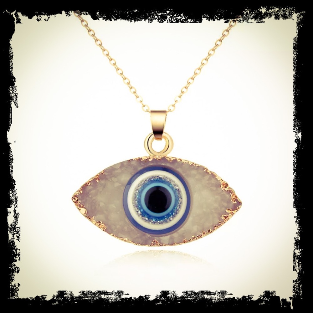 🆕 Blue Evil Eye Druzy Stone Necklace Quartz - Picture 3 of 9